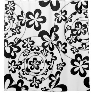 Black and White Rings and Flowers Shower Curtain