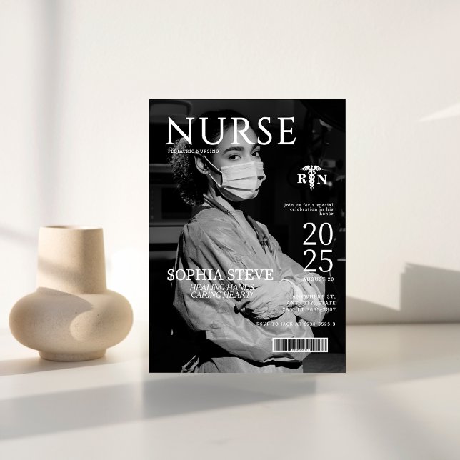 Black and white RN nurse magazine photo graduation Invitation (Creator Uploaded)