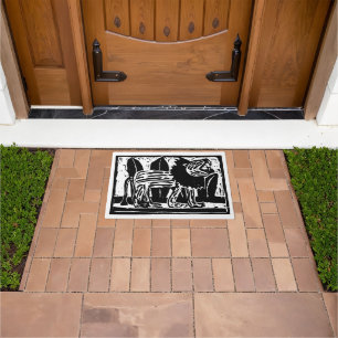 Black and White Roaring Lion Lino Cut Doormat