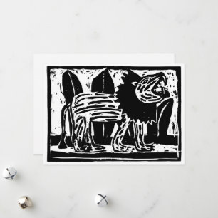 Black and White Roaring Lion Lino Cut Holiday Card