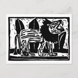 Black and White Roaring Lion Lino Cut Holiday Postcard