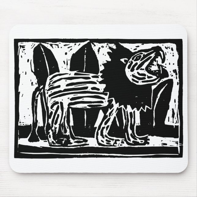 Black and White Roaring Lion Lino Cut Mouse Pad (Front)