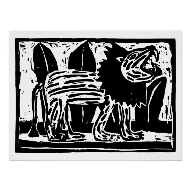 Black and White Roaring Lion Lino Cut Poster (Front)