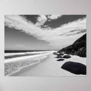 Black And White Rocky Ocean Waves Seascape Poster