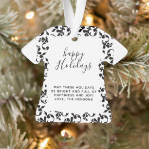 Black and White Rococo Happy Holidays Script Ornament