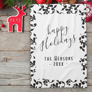 Black and White Rococo Happy Holidays Script Tea Towel