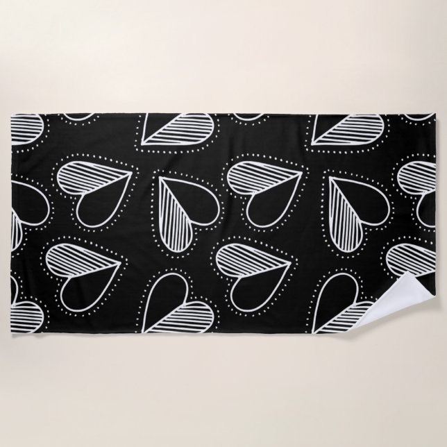 Black and white romantic hearts beach towel (Front)