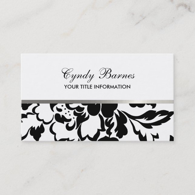 Black and White Rose Damask Business Card (Front)