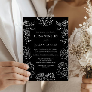 Black and White Rose Elegant Wedding Florals Invitation