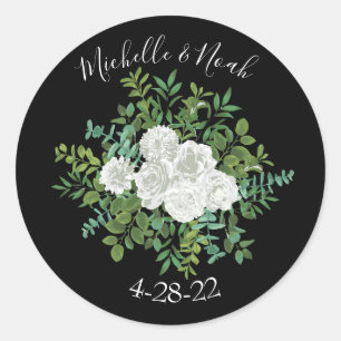 Black and White Rose Floral Wedding Classic Round Sticker
