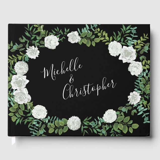 Black and White Rose Floral Wedding Guest Book (Front)