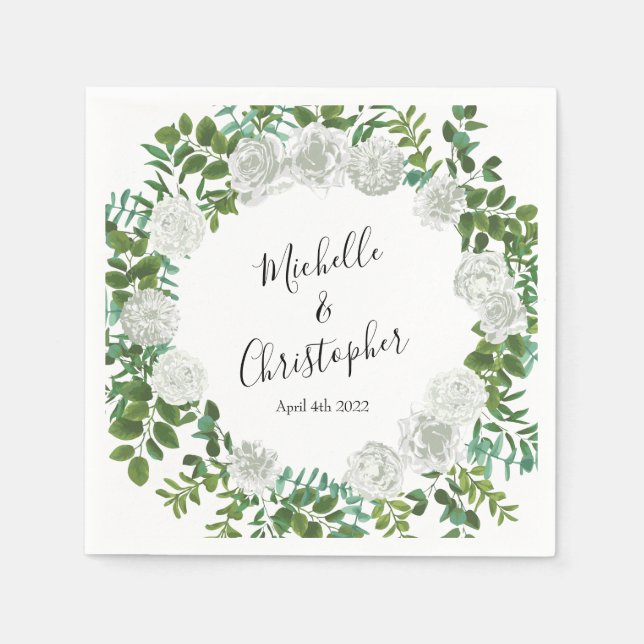 Black and White Rose Floral Wedding Napkin (Front)