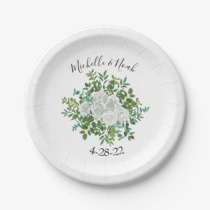 Black and White Rose Floral Wedding Paper Plate