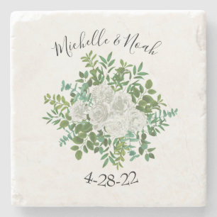 Black and White Rose Floral Wedding Stone Coaster