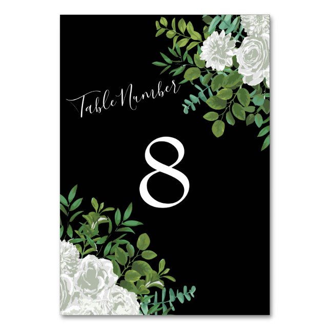Black and White Rose Floral Wedding Table Number (Back)