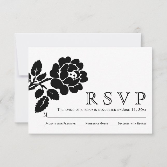 Black and white rose modern wedding RSVP Card (Front)