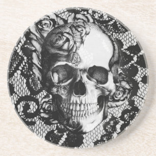 Black and white rose skull on lace background. coaster