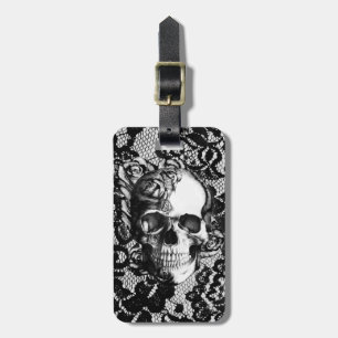 Black and white rose skull on lace background. luggage tag