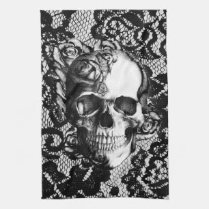 Black and white rose skull on lace background. tea towel