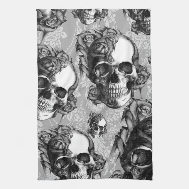 Black and white rose skull pattern, hand drawn. tea towel (Vertical)