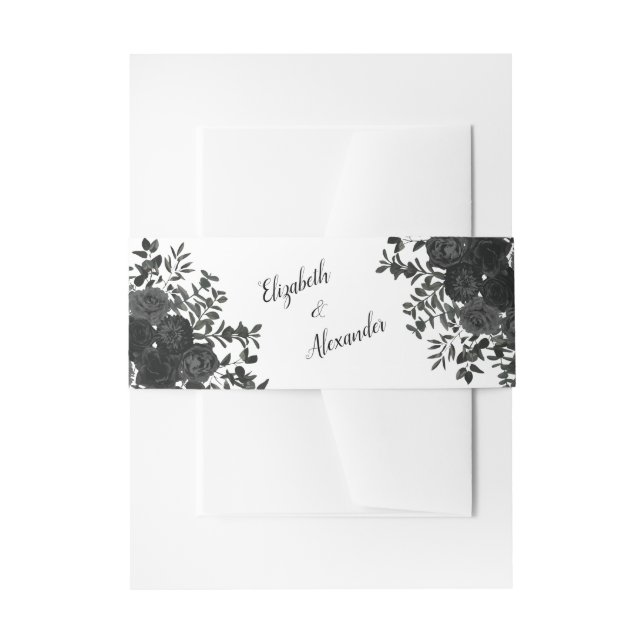 Black and White Rose Wedding Invitation Belly Band (Front Example)