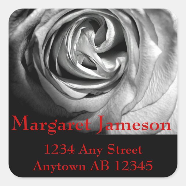 Black and White Rose Wedding Return Address Square Sticker (Front)