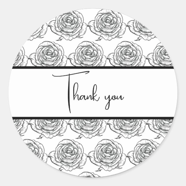 Black and White Rose Wedding Thank You Classic Round Sticker (Front)