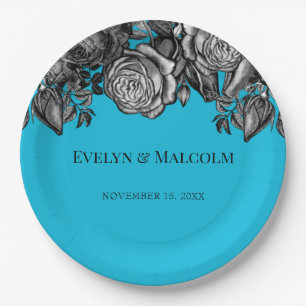 Black and White Roses Electric Blue Wedding Paper Plate