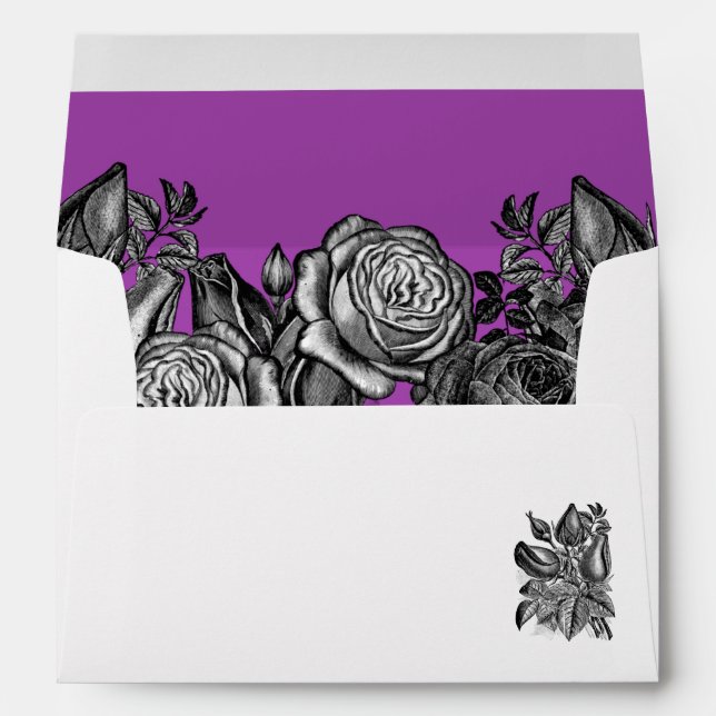 Black and White Roses Electric Purple Wedding Envelope (Back (Bottom))