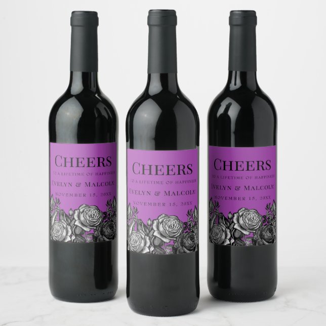 Black and White Roses Electric Purple Wedding Wine Label (Bottles)