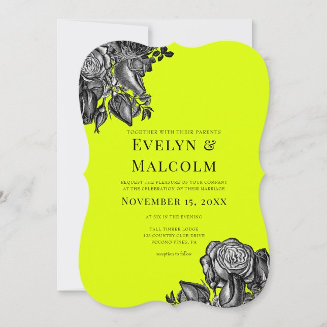 Black and White Roses Lime Green Wedding Invitation (Front)