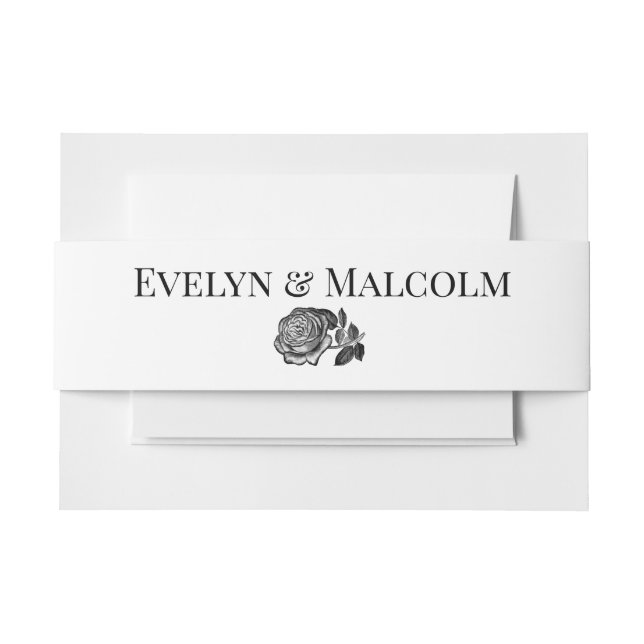 Black and White Roses Minimalist Wedding Invitation Belly Band (Front Example)