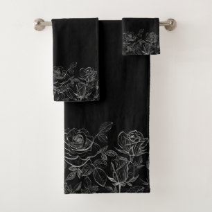 Black and White Roses Modern Chic Bath Towel Set