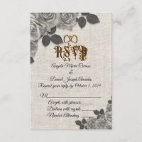 Black and white roses on linen wedding RSVP