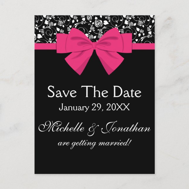 Black and White Roses Pink Bow Announcement Postcard (Front)