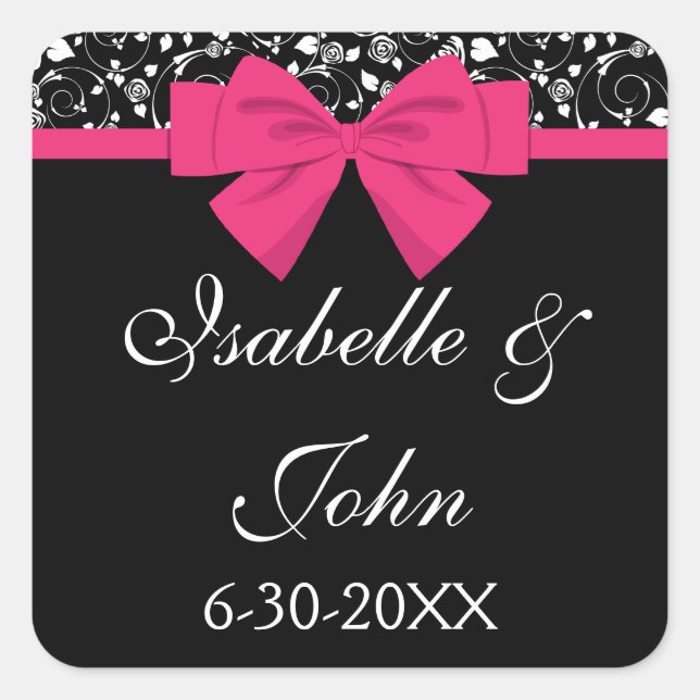 Black and White Roses Pink Bow Square Sticker (Front)