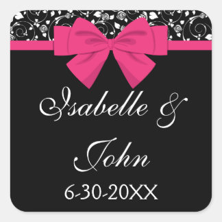 Black and White Roses Pink Bow Square Sticker