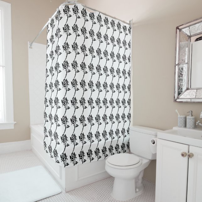 Black and White Roses Stencil Pattern Shower Curtain (In Situ)