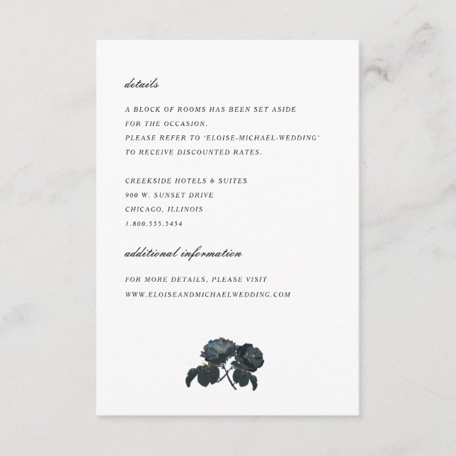 Black and White Roses Wedding Details Enclosure Card (Front)