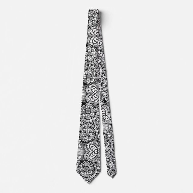 Black and White Rosette Floral Mandala Paisley Tie (Front)