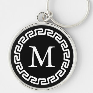 Black and White Round Greek Key Border Monogrammed Ring