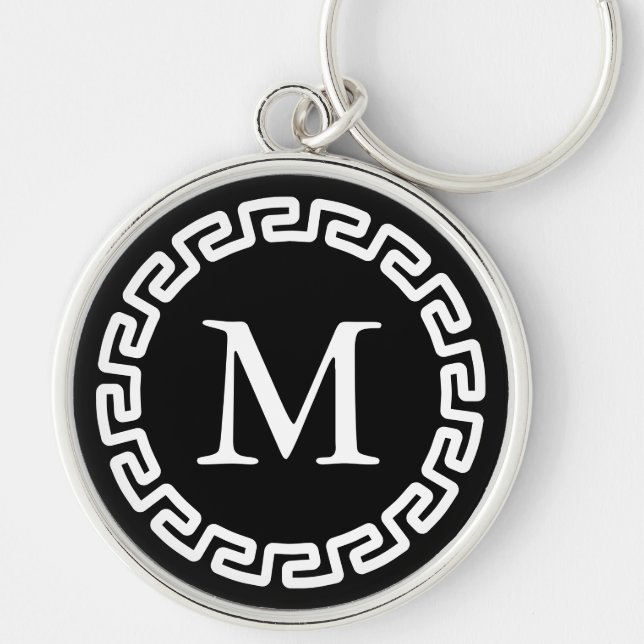 Black and White Round Greek Key Border Monogrammed Ring (Front)