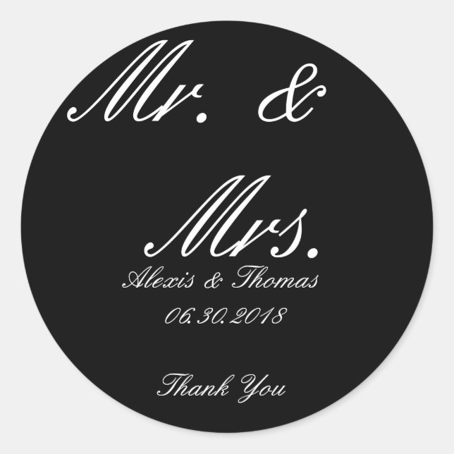 Black and White Round Mr. & Mrs. Wedding Stickers (Front)