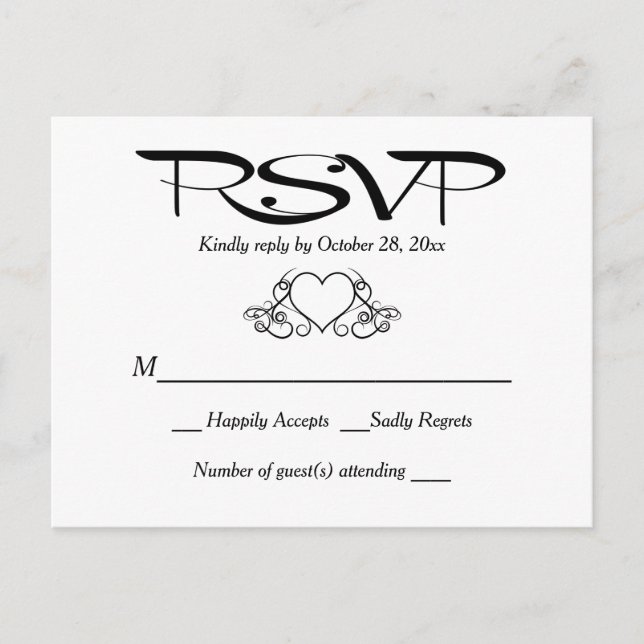 Black And White RSVP Heart Wedding Party Response Invitation Postcard (Front)