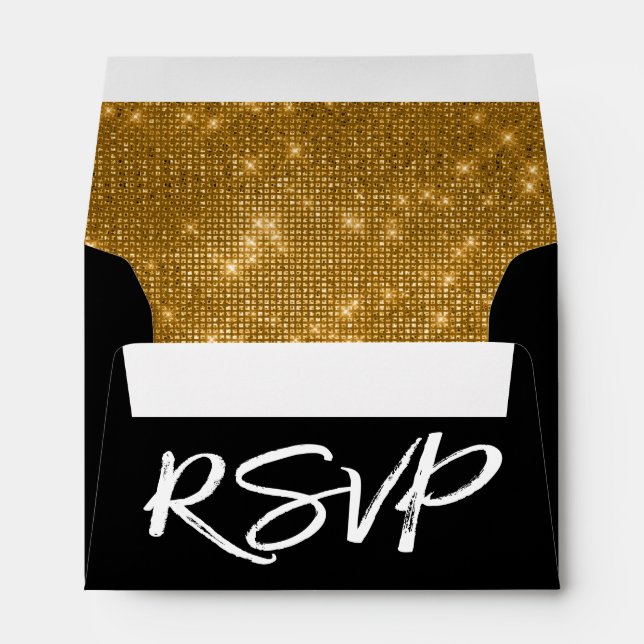 Black and White RSVP with Gold Sparkle inside Envelope (Back (Bottom))