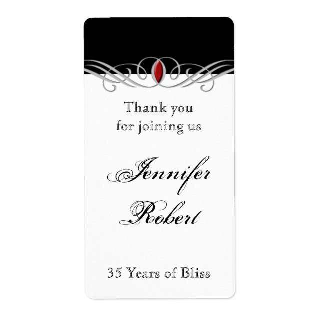 Black and White Ruby Accent Anniversary Wine Label (Front)