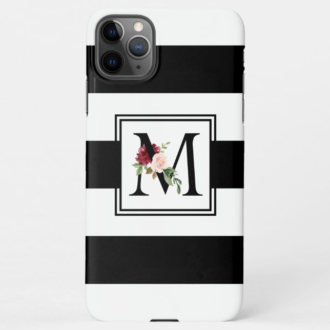 Black and White Rugby Stripes Floral Monogram M iPhone Case (Back)