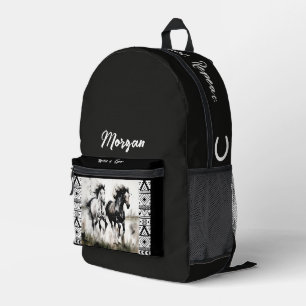Black and White Running Horses Printed Backpack