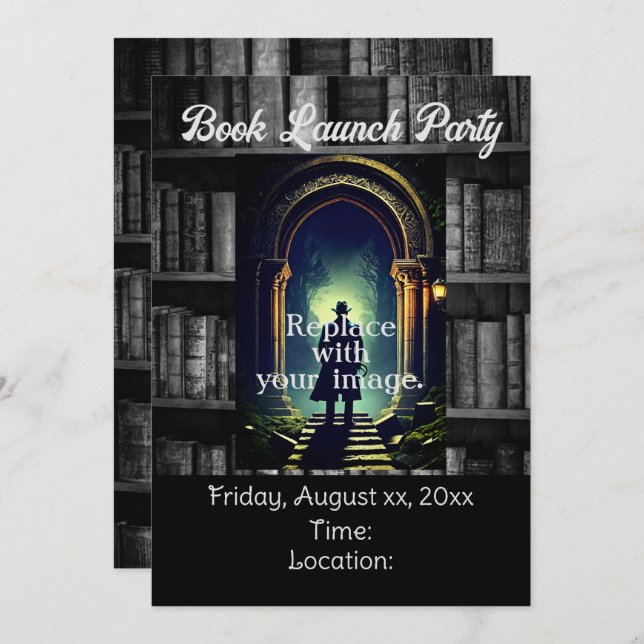 Black And White Rustic Bookshelves Background Invitation (Front/Back)
