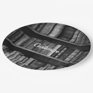 Black And White Rustic Bookshelves Background Paper Plate